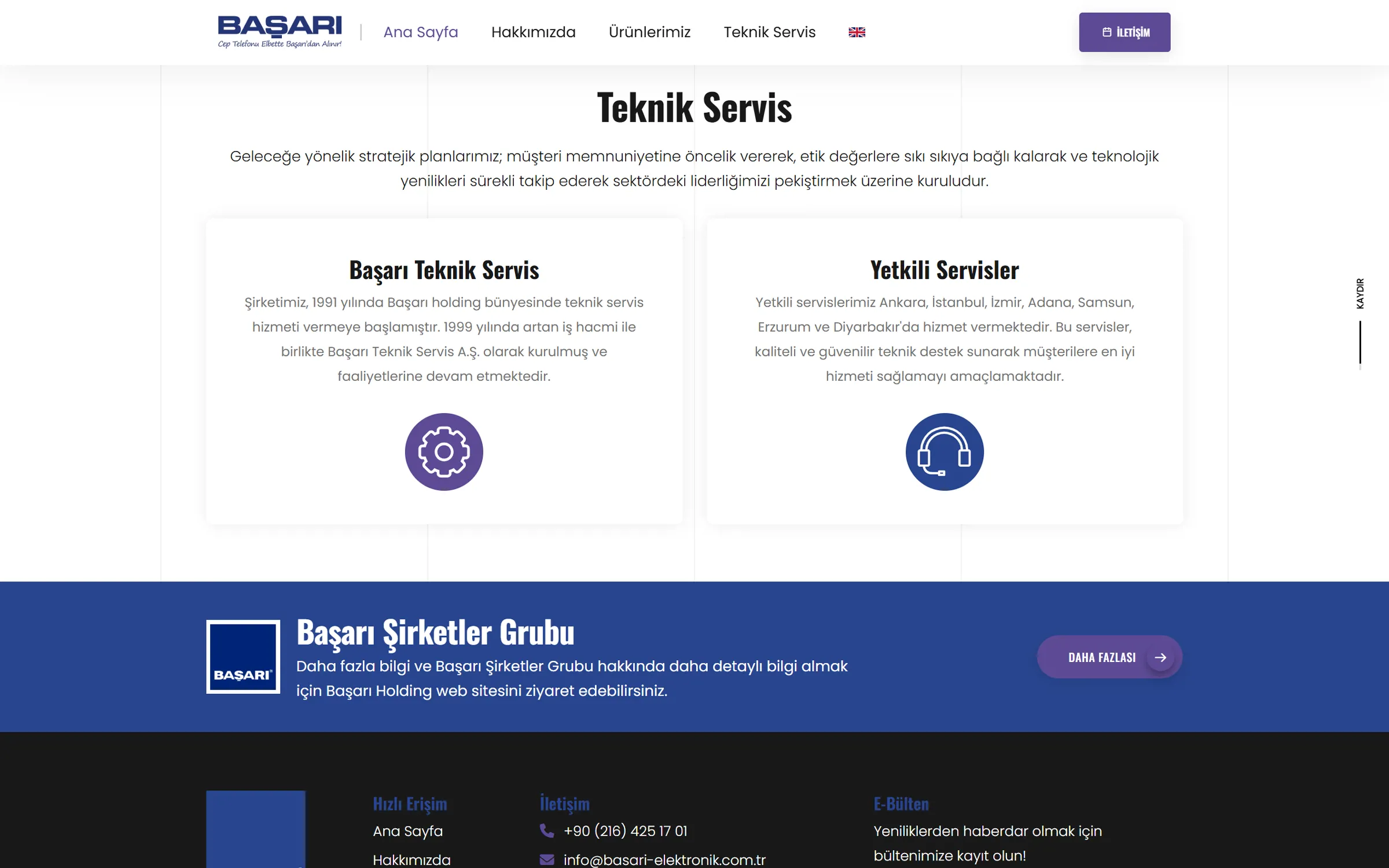 Teknik Servis sayfası: Başarı Teknik Servis ve Yetkili Servisler kartları, altında Başarı Şirketler Grubu bandı