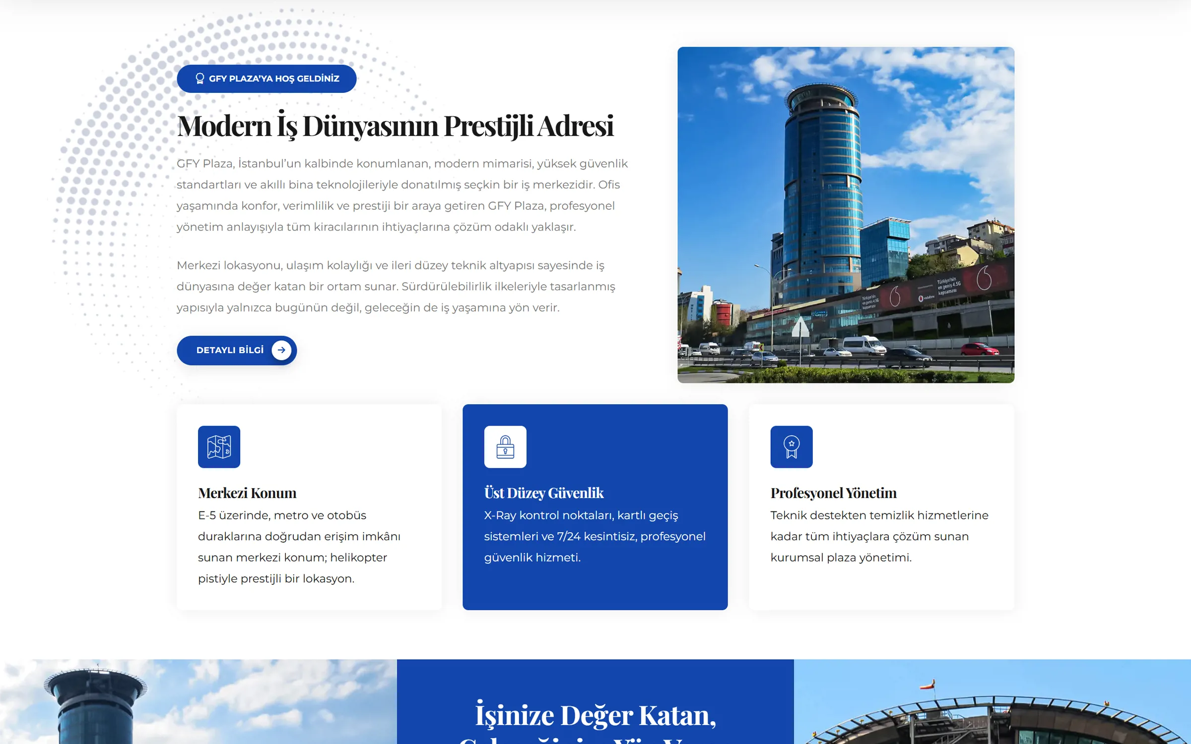Tanıtım bölümü: merkezi konum, üst düzey güvenlik ve profesyonel yönetim kartlarıyla plaza kulesi