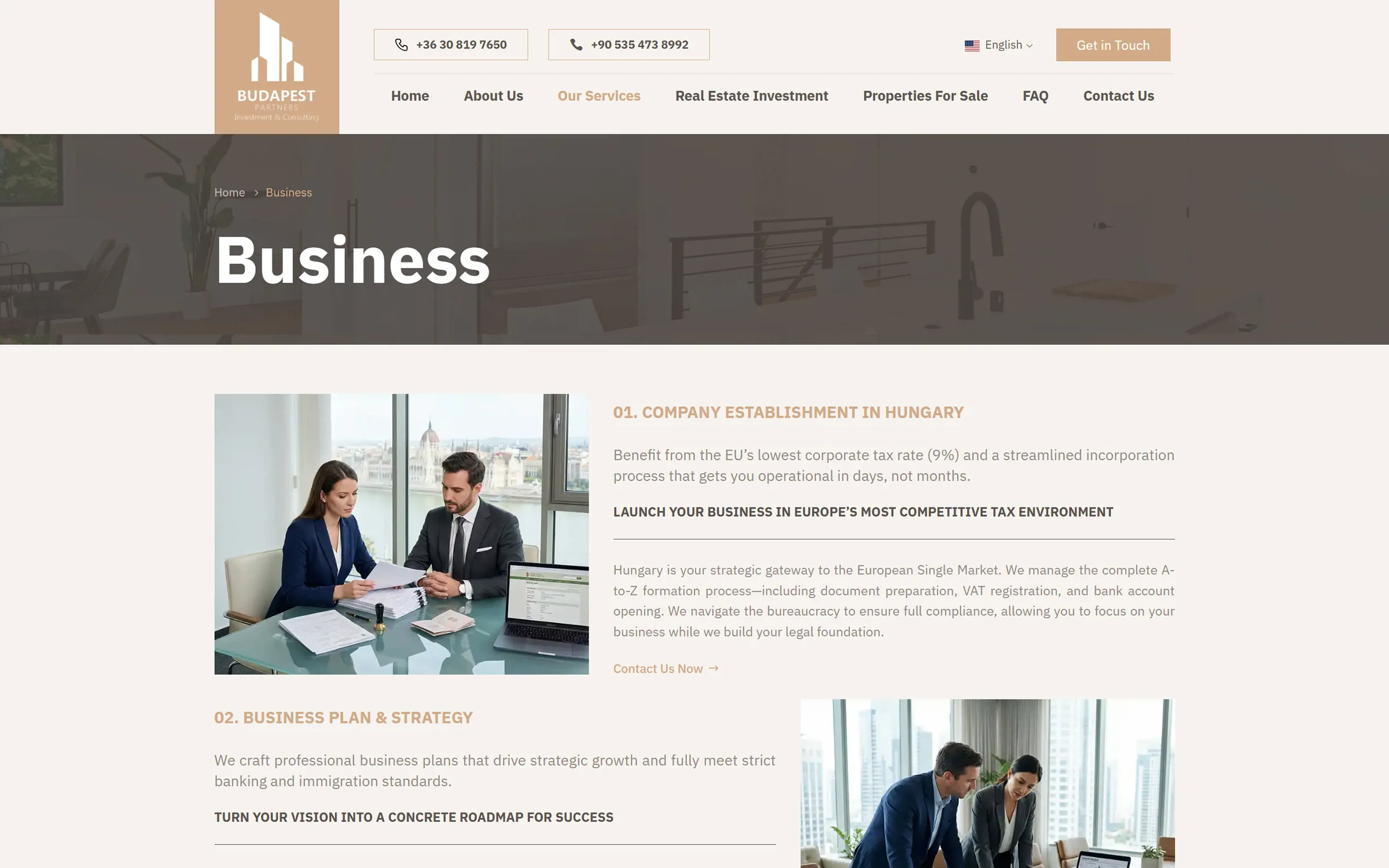 Business sayfası: Macaristan'da şirket kuruluşu ve iş planı hizmetlerinin numaralı bölümleri