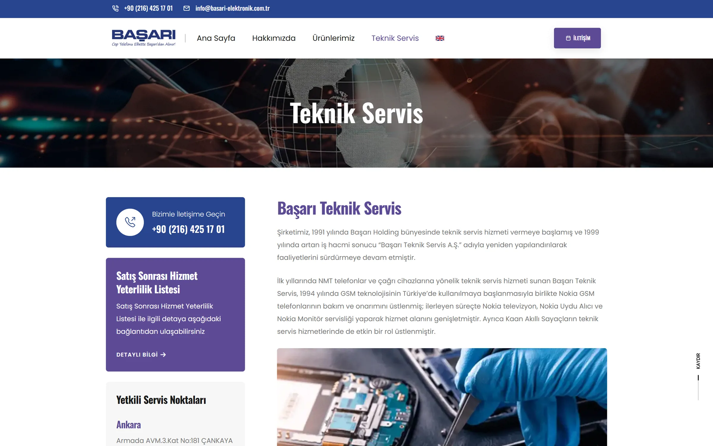 Teknik servis sayfası: iletişim kutusu, satış sonrası hizmet yeterlilik listesi ve yetkili servis noktaları