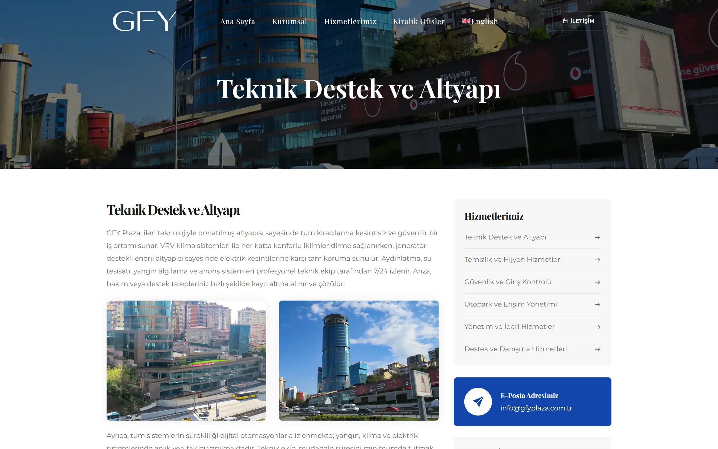 Teknik Destek ve Altyapı sayfası: açılır başlıklar halinde hizmet listesi ve iletişim düğmesi