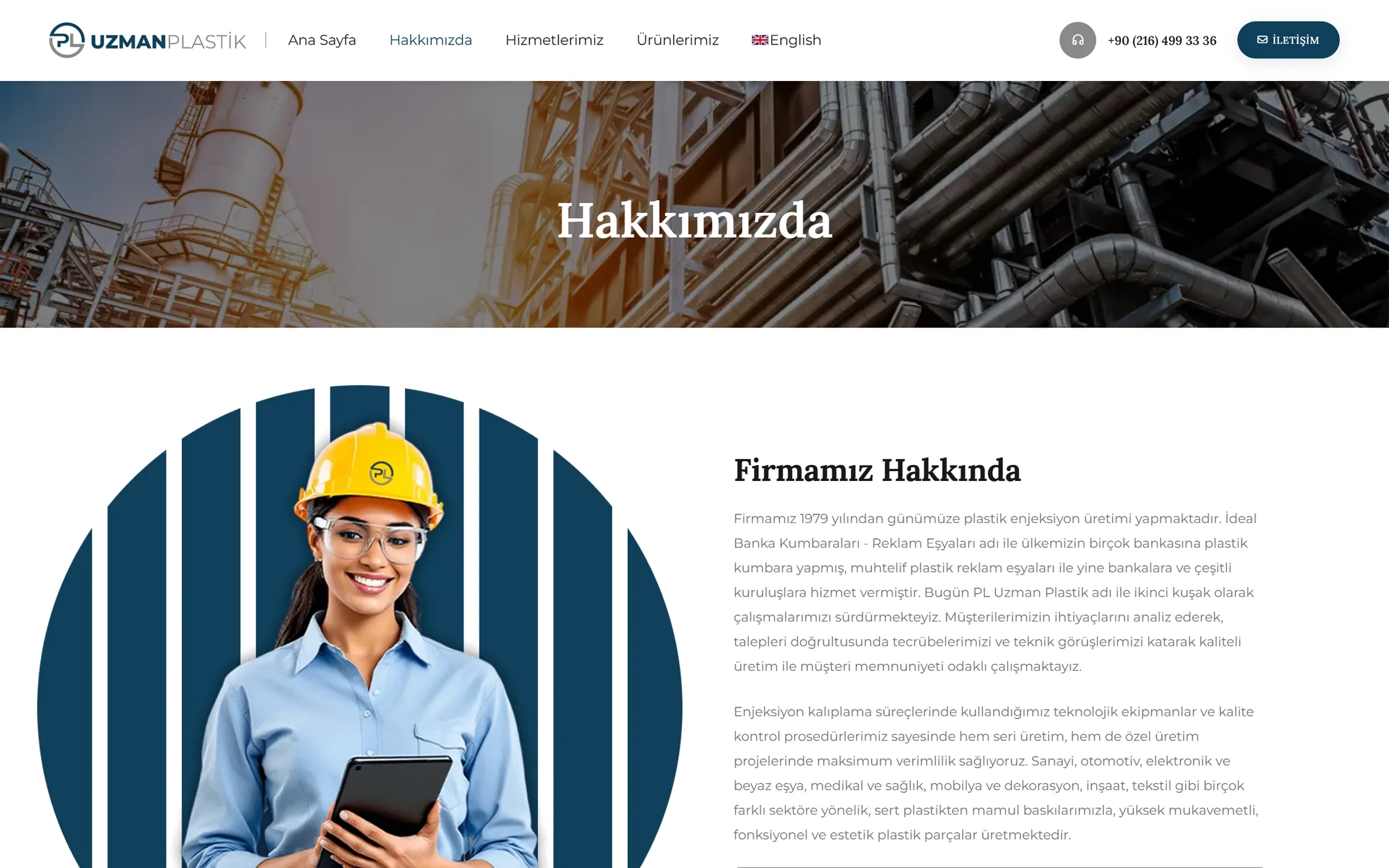 Hakkımızda sayfası: baretli mühendis fotoğrafı ve firma tanıtım metni