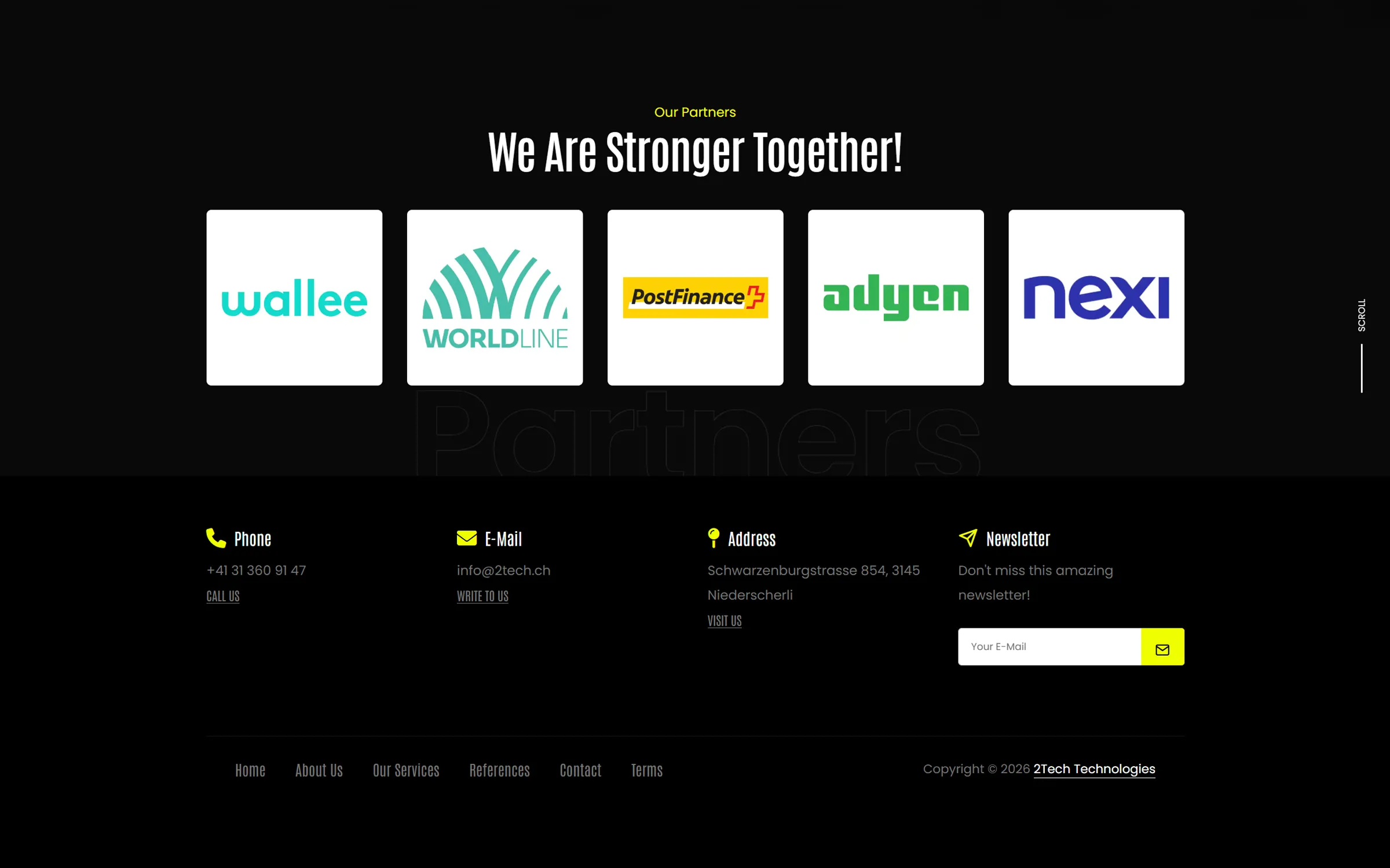 İş ortakları bölümü: wallee, Worldline, PostFinance, adyen ve nexi logoları, altında iletişim alanı