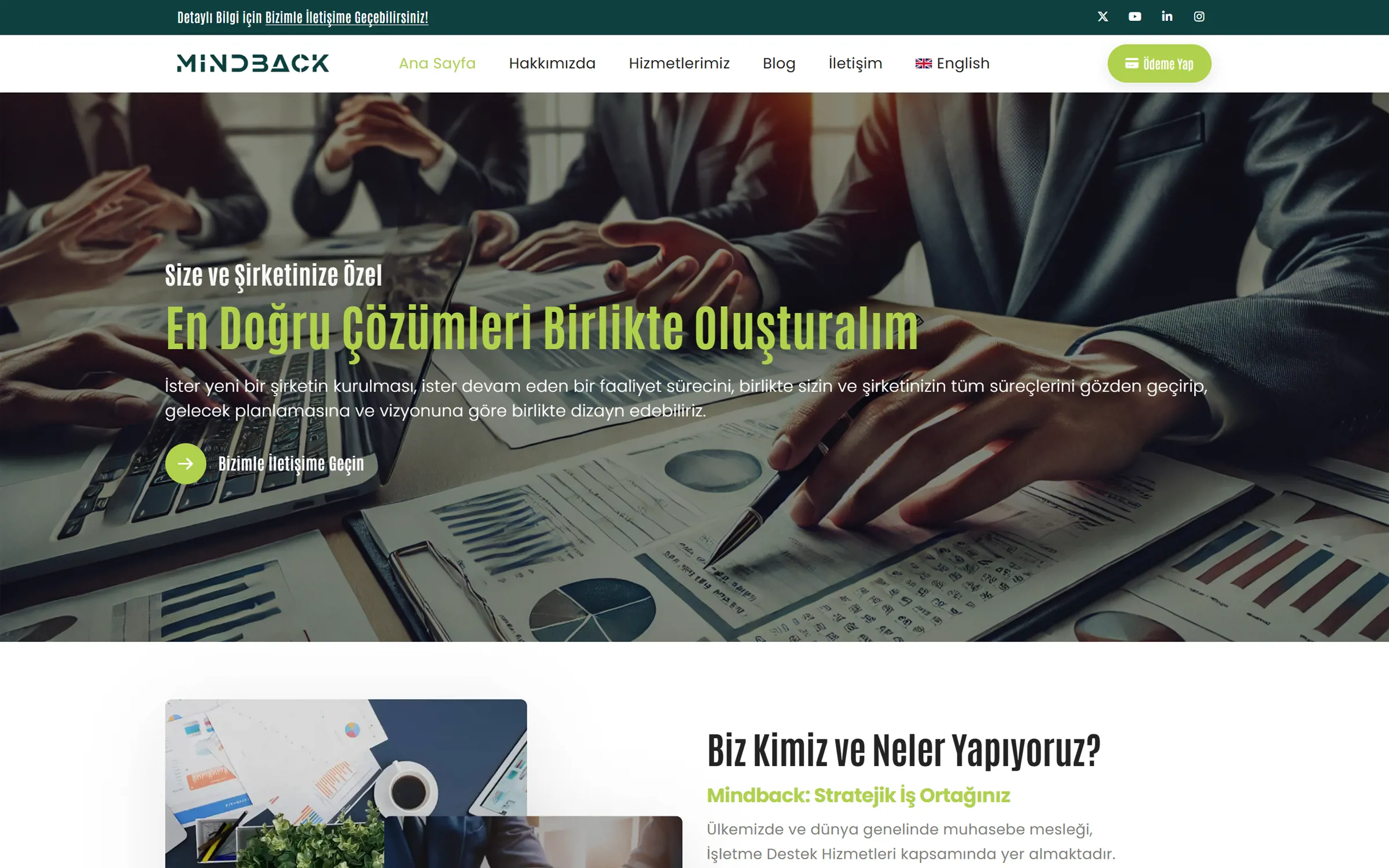 Ana sayfa: şirkete özel çözümler başlığı ve biz kimiz, neler yapıyoruz tanıtım bölümü