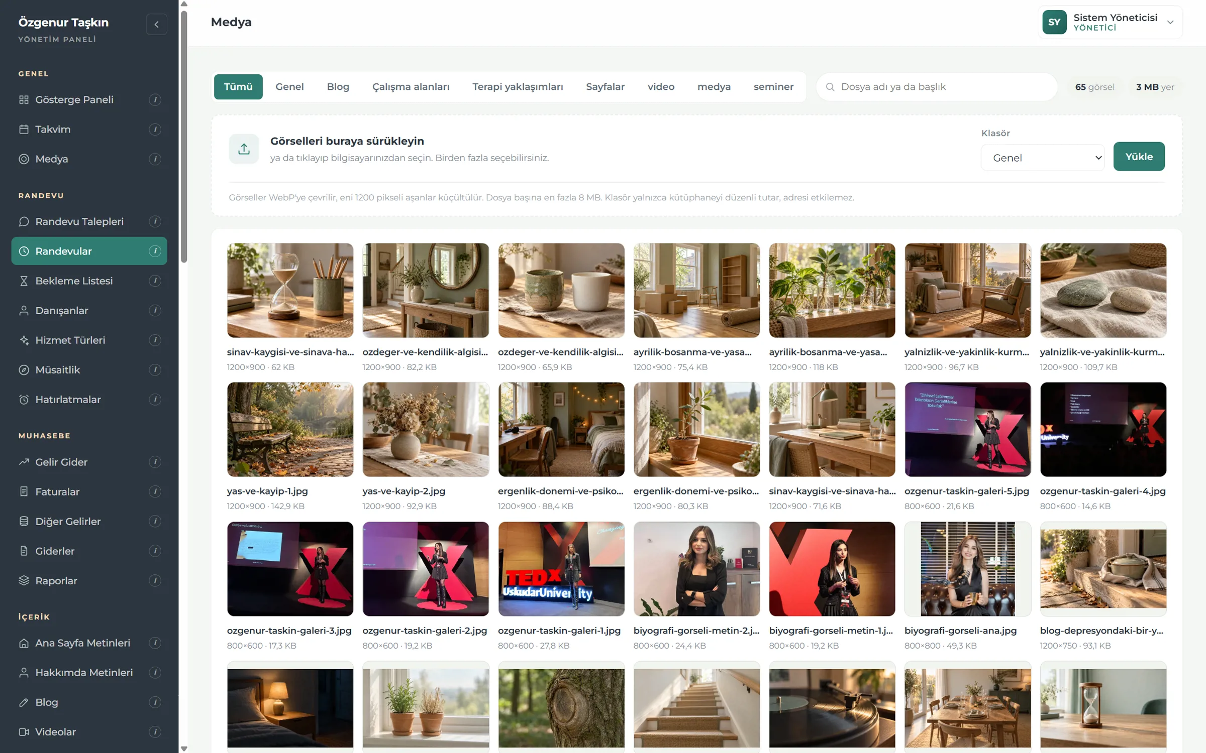 Media library in the management panel with folder tabs, a drag-and-drop upload area and an image grid