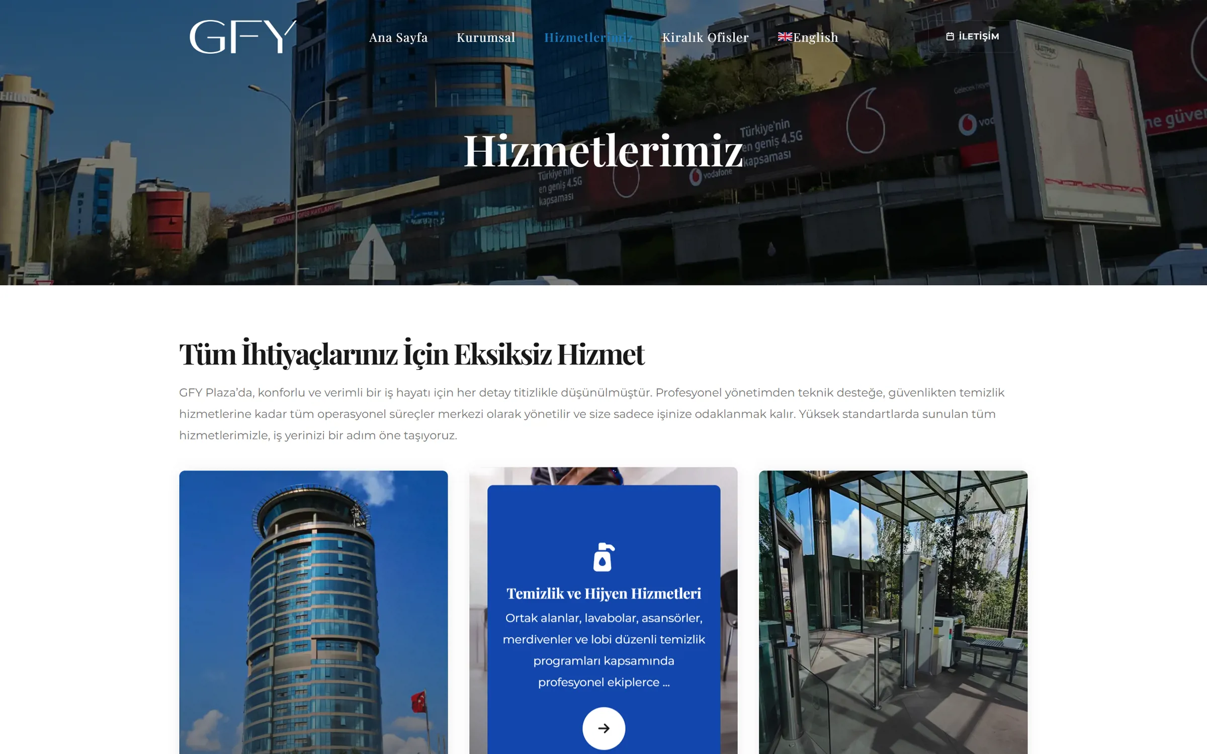 Hizmetler sayfası: eksiksiz hizmet başlığı ve plaza iç mekan fotoğrafları