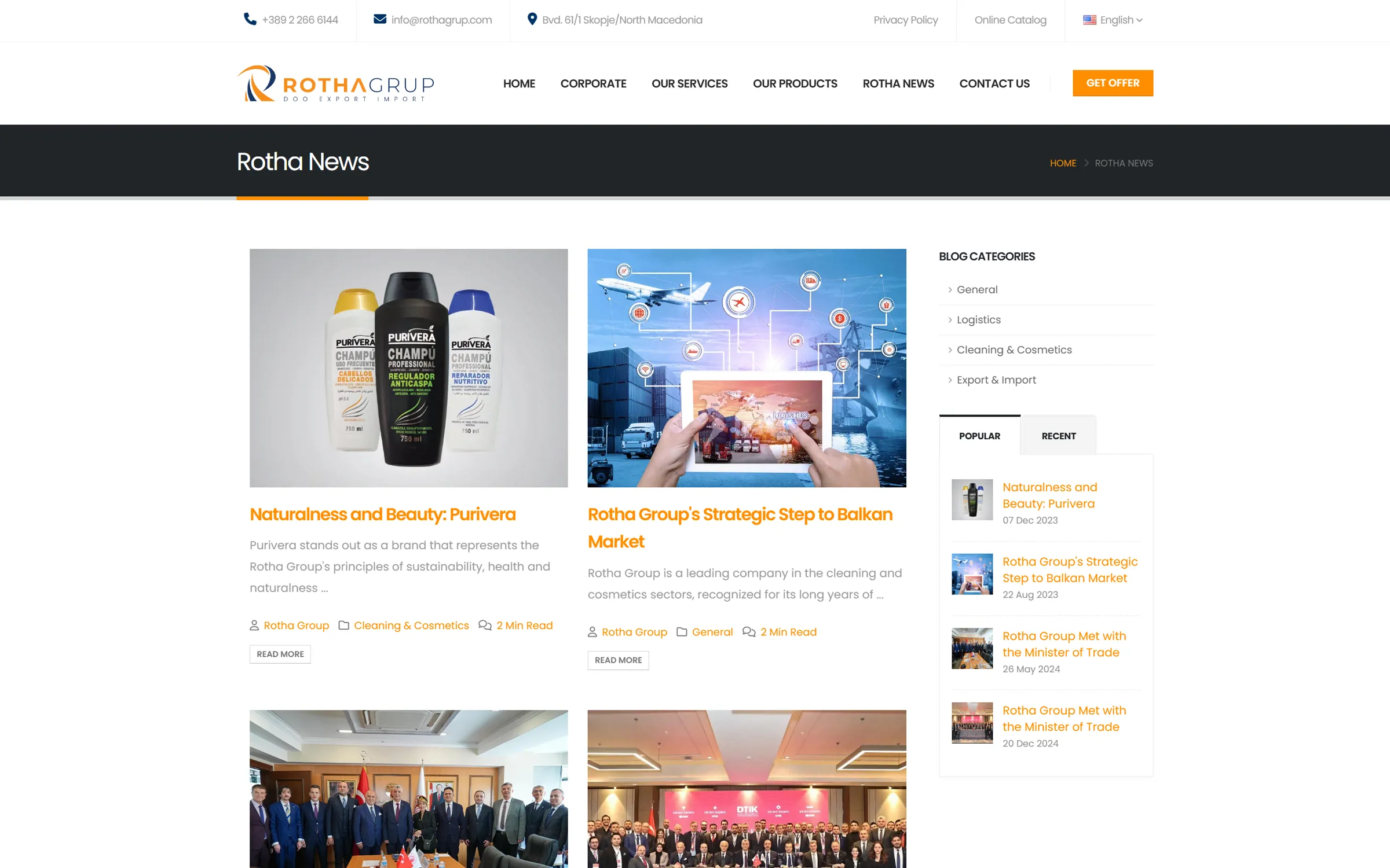 Rotha News sayfası: haber kartları, popüler yazılar listesi ve fuar fotoğrafları