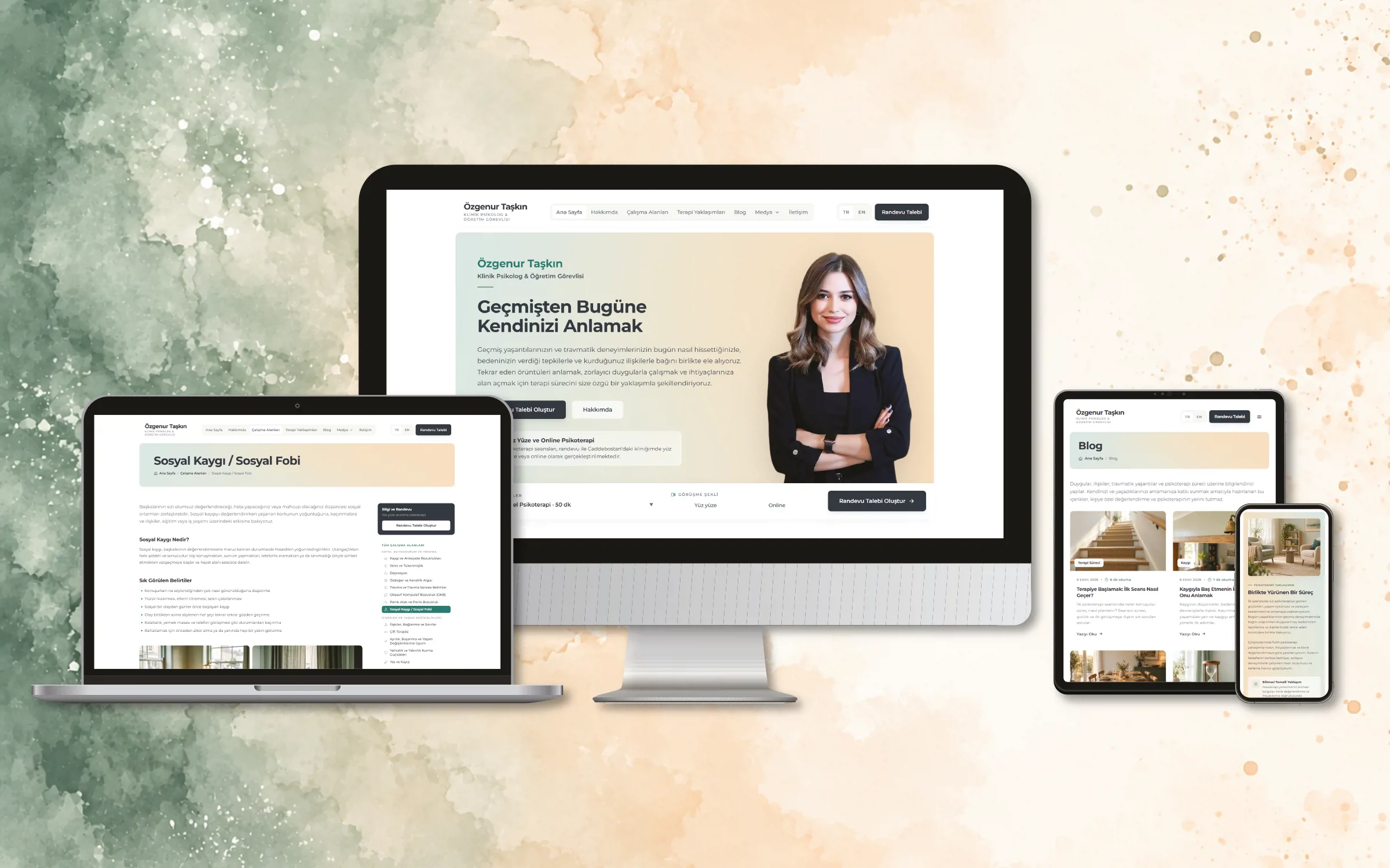 The Özgenur Taşkın website shown on desktop, laptop, tablet and phone screens