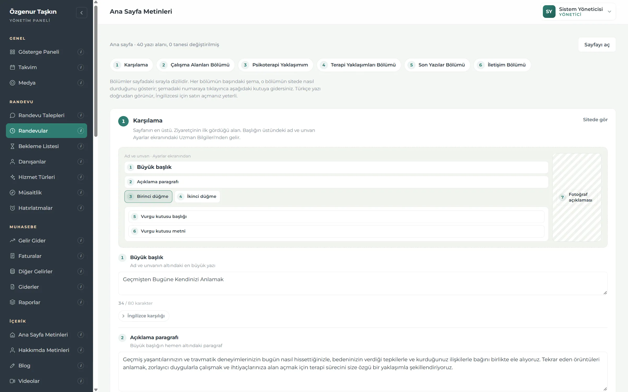 Home page text editor in the management panel with section tabs, a numbered layout diagram and text fields