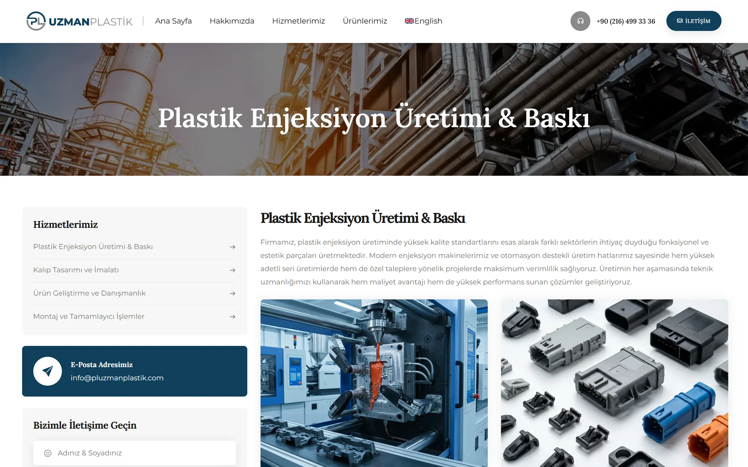 Plastik enjeksiyon üretimi ve baskı hizmet sayfası: solda hizmet listesi, sağda üretim fotoğrafları